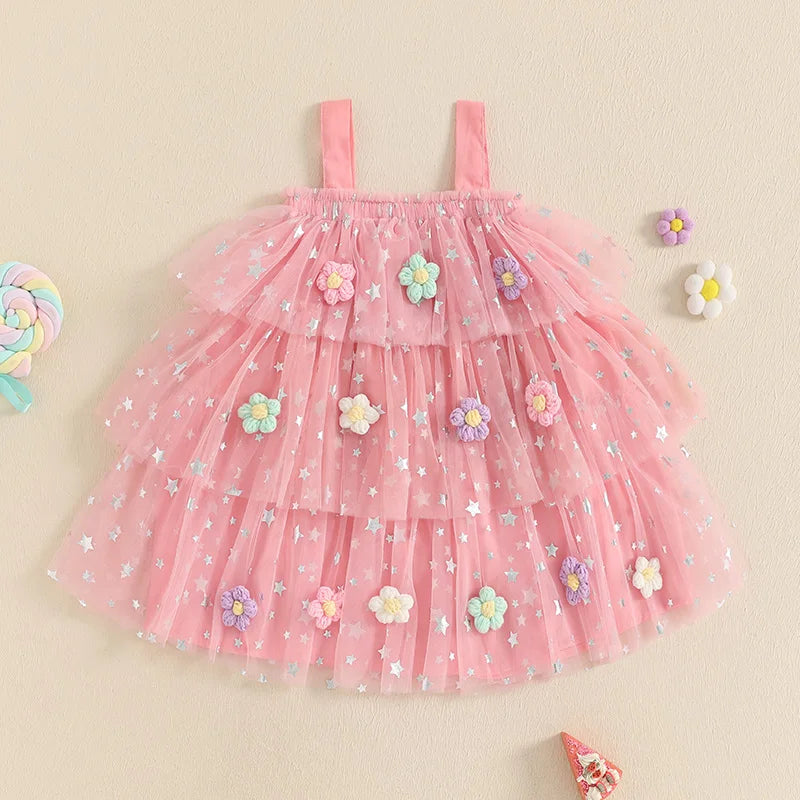 Kids Girls Dress Flower Decor Sequins Star Sleeveless Layered Tulle Casual Dress Toddler Summer Dress