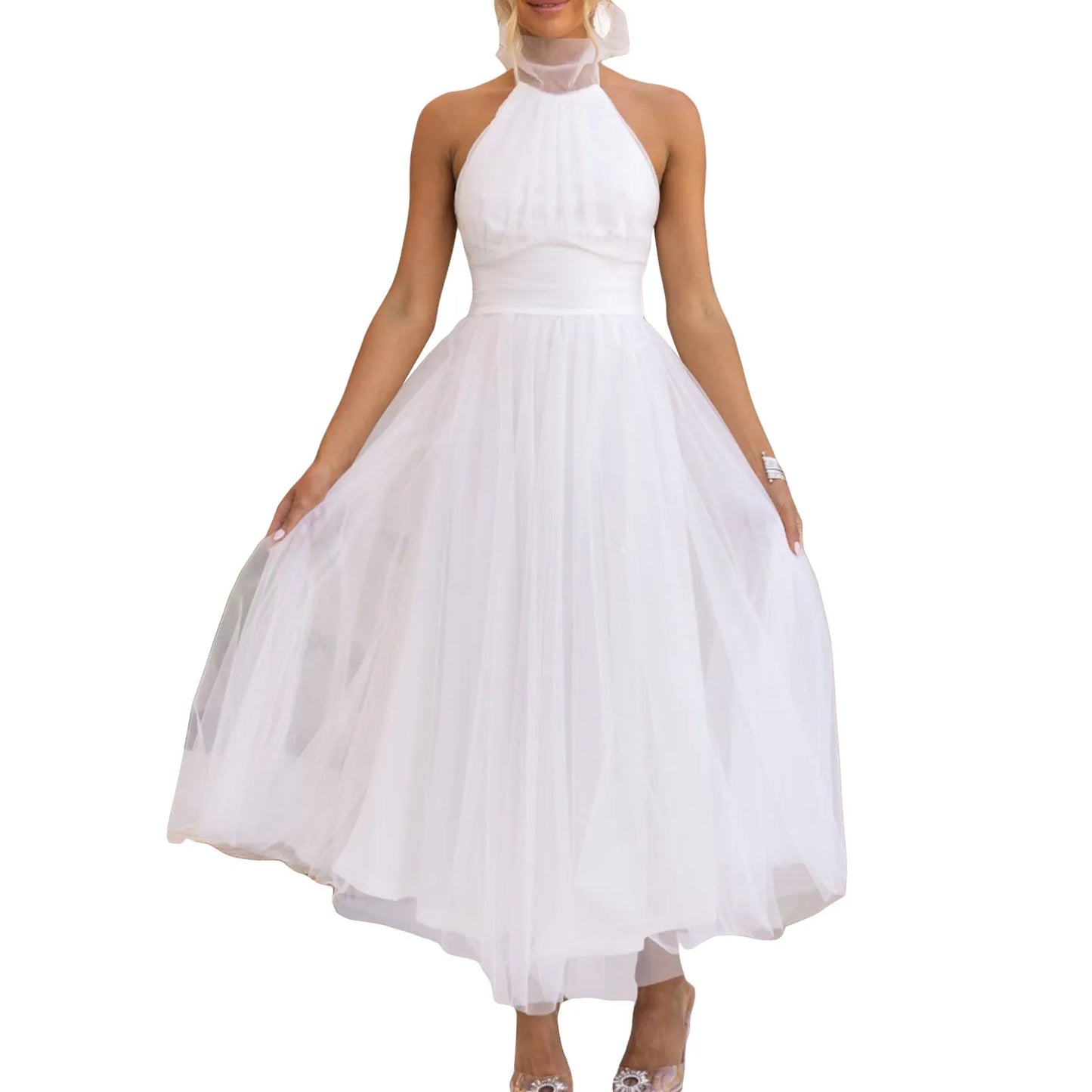 Women’s Backless Long Dress Adjustable Tie Halter Neck Tulle High Waist Solid Party Wedding Dress