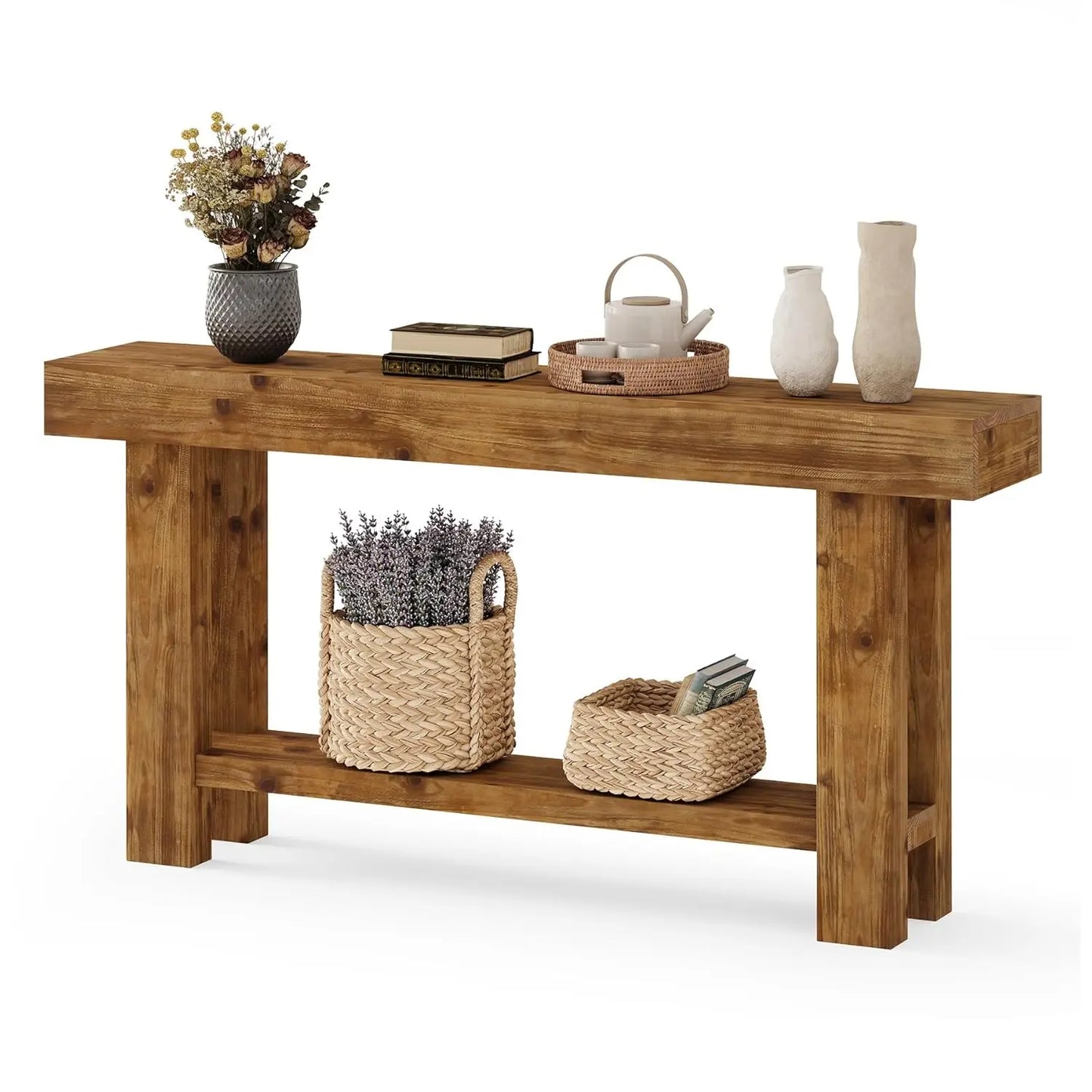 63-Inch Solid Wood Long Console Table, Farmhouse Narrow Entryway Sofa Table with 2-Tier Storage, for Living Room,, Customized