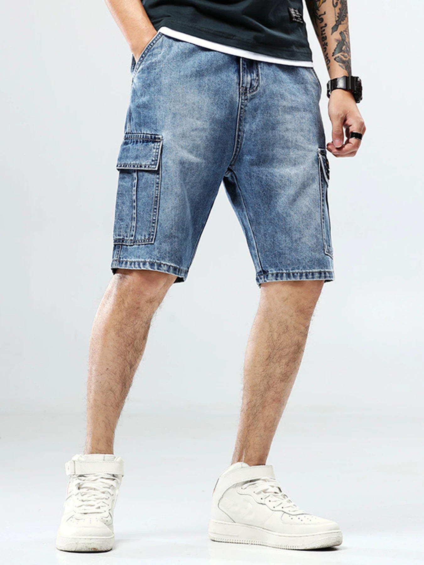 Men`s Street vacation shopping Hip Hop Dating Denim School Cargo Shorts Jeans with Multi Pockets