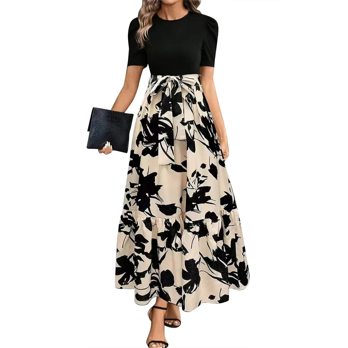 Round Neck Color Blocked Dress Women's Short Sleeved Floral Print A Line Dresses Autumn Elegant Party Dress Robe