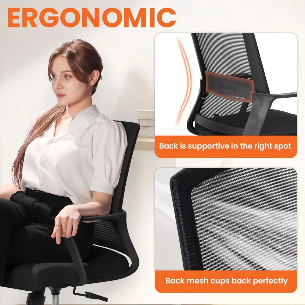 Ergonomic Mid Back Mesh Swivel Office Chair with Wheels Lumbar Support Adjustable Comfy Home Desk Seating Black