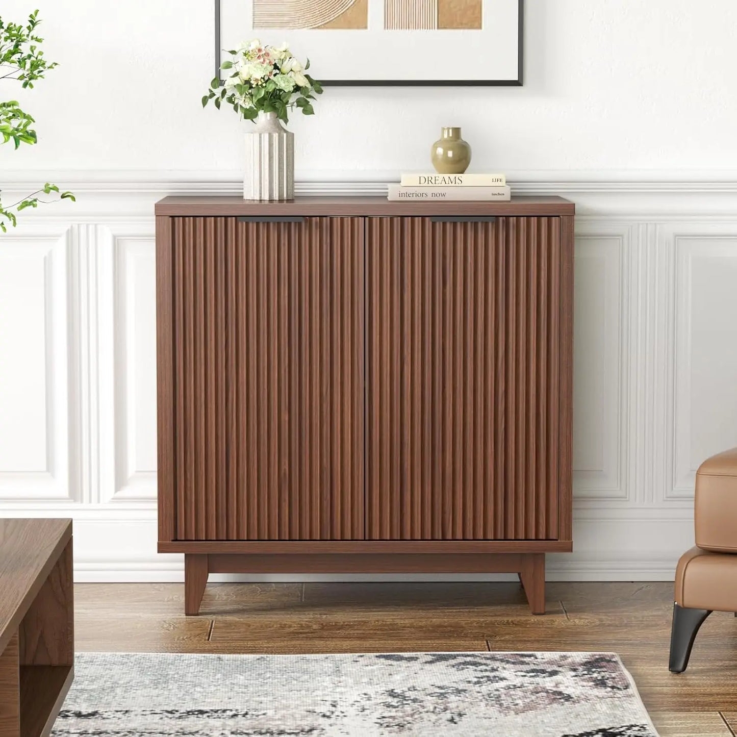 Fluted Cabinet with Storage, 2 Doors Sideboard Buffet, Mid Century Modern Accent Cabinet with Adjustable Shelves, Multifunctiona