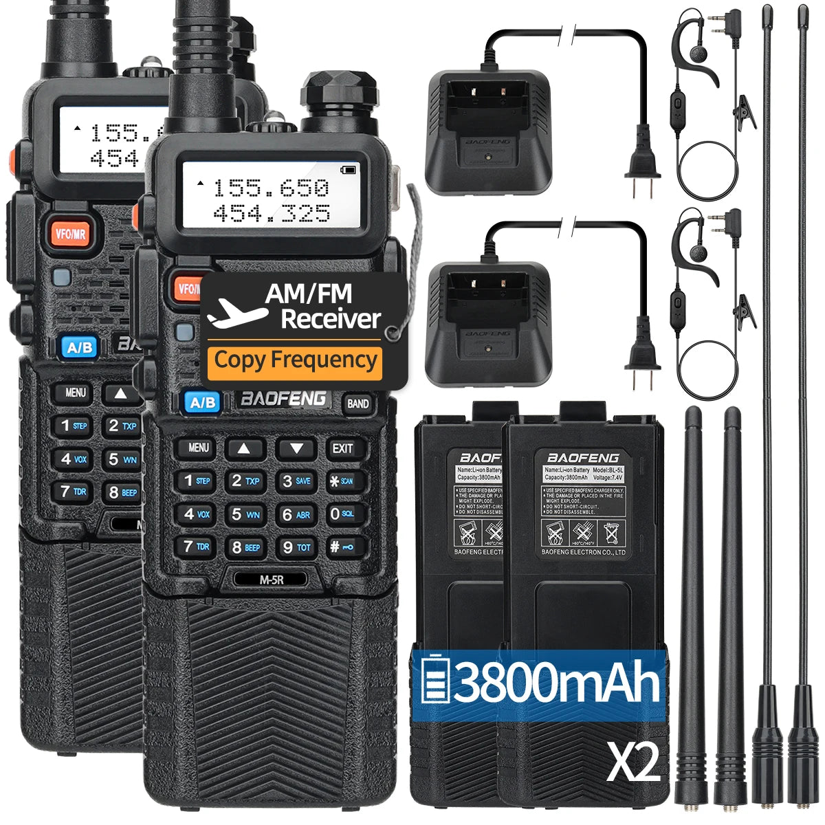 2PCS Baofeng M-5R Walkie Talkie Multi Band Rechargeable 3800mAh Battery UV-5R Ham Radio Handheld Long Range for Hunting Camping