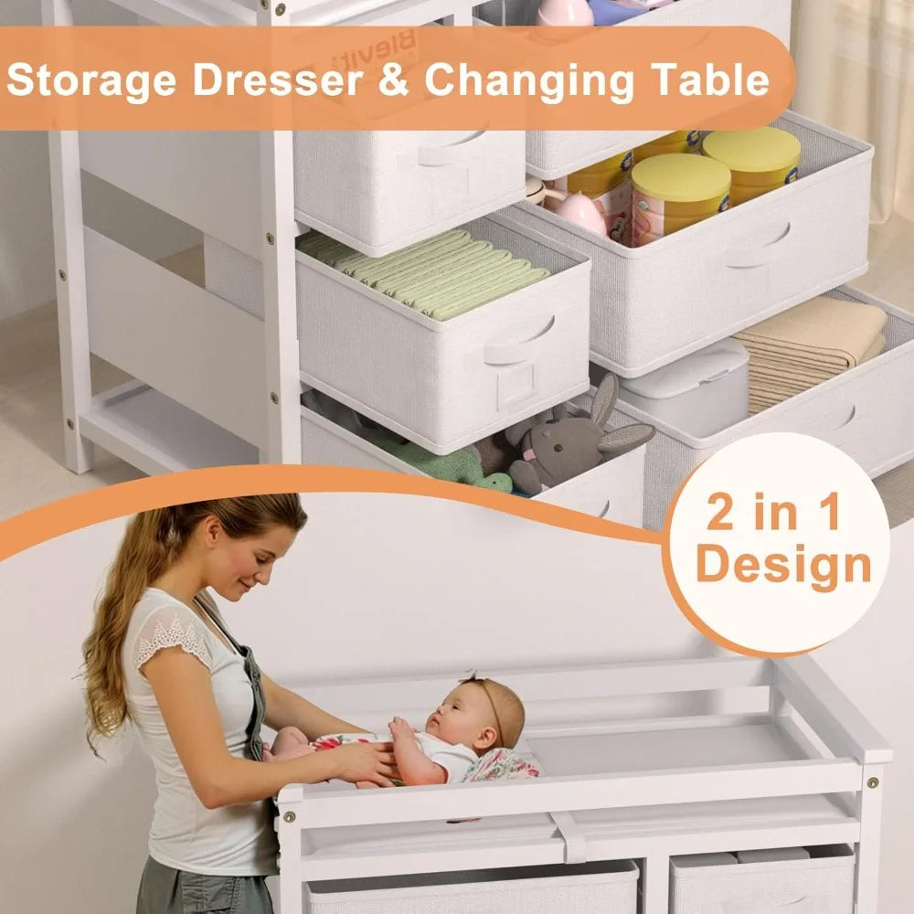 Baby Changing Table Dresser with 6 Storage Drawers and Pad Topper Changing Diaper Station Multifunctional Changing Nursery