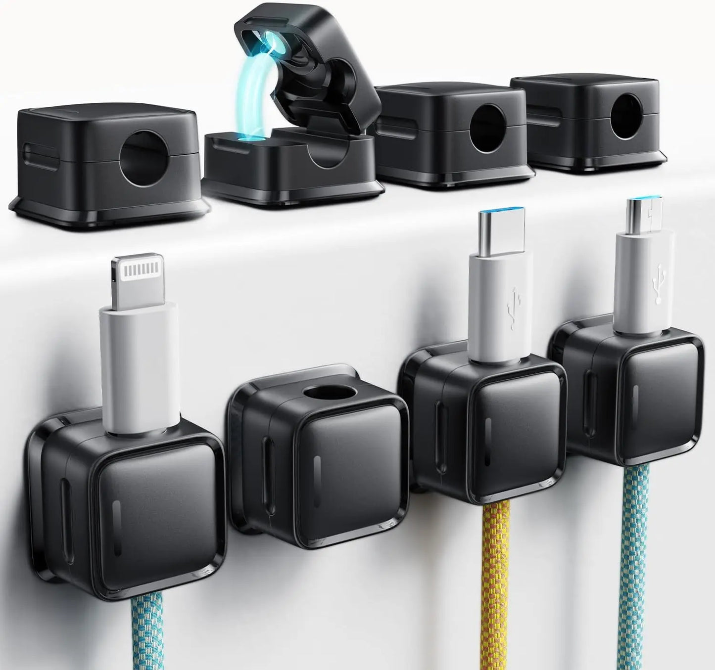 8-pack magnetic desk cable clamp management, strong adhesive wire charger holder for the nightstand