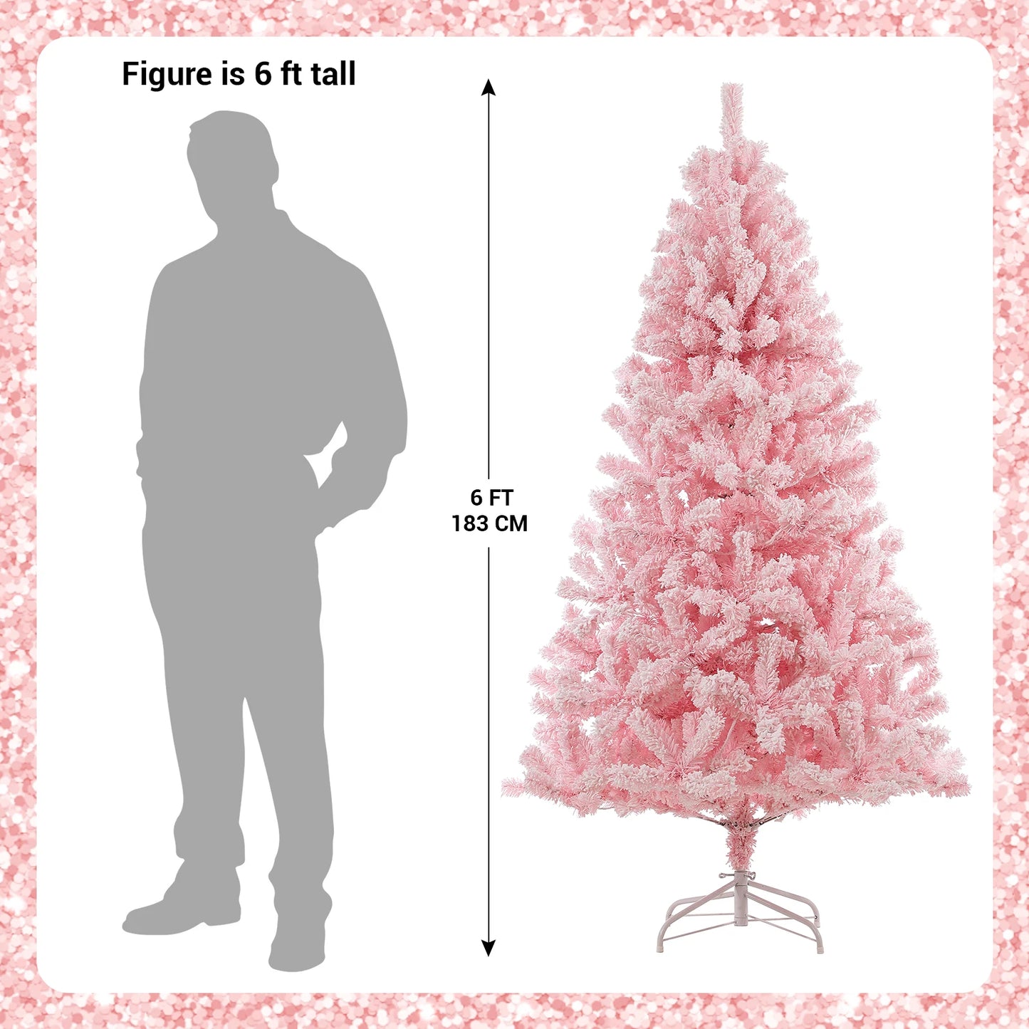 6Ft Pre-lit Pink Artificial Christmas Tree, Snow Flocked Faux Xmas Pine Tree with 250 Multi Color LED Lights, 751 Branch Tips