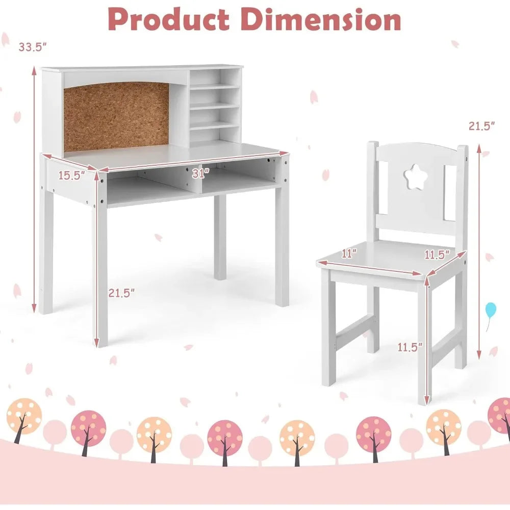 Kids Desk and Chair Set,Wooden Study Desk for Kids with Storage, Hutch, Cork Bulletin Board,Student Writing Computer Workstation