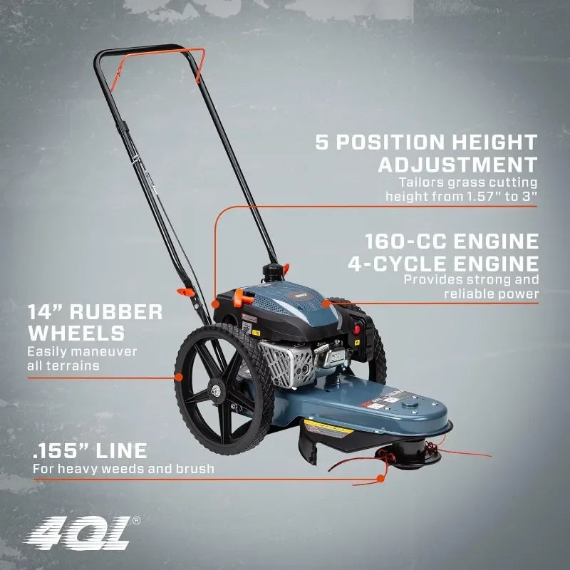NEW High Wheel Gas Walk Behind Brush Cutter and String Trimmer, 22-Inch Swatch with .14" Rubber Wheels, Adjustable Height (STMG