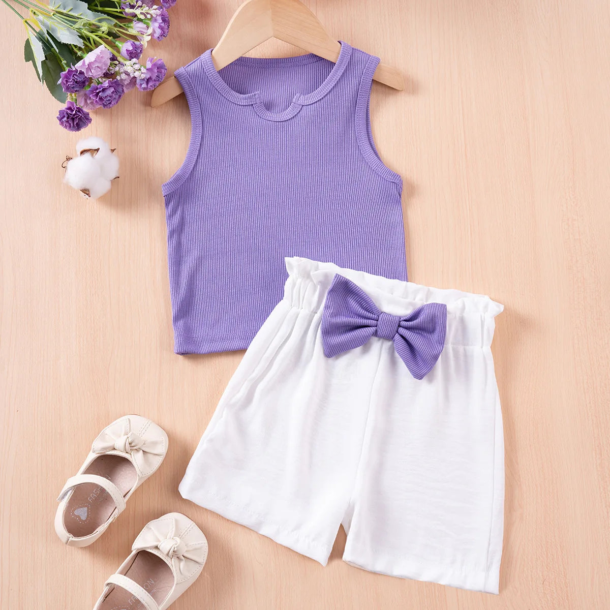 Summer Kids Baby Girls Summer Outfits Solid Color Notched Neck Tank Tops and Elastic Cute Bow Shorts Set Fashion Cute Clothes
