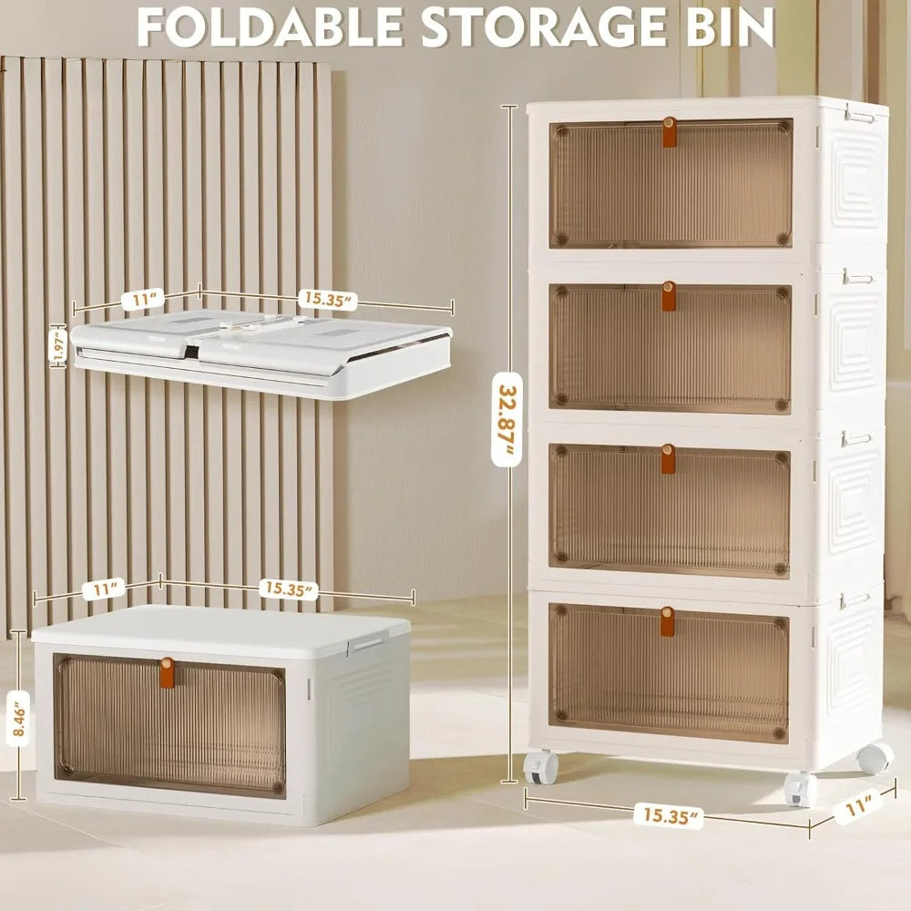 4 Tier Plastic Storage Bins with Lid 23QT, Stackable Storage Containers with Wheels, Folding Storage Boxes, Stackable Bi