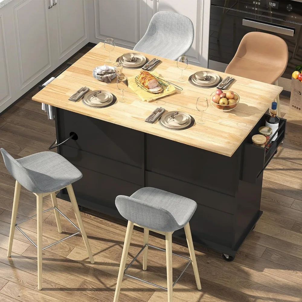 55" Movable Kitchen Island with Drop Leaf and Power Outlet, Rolling Cart with Storage Cabinet, Island Table on Wheels for Kitche