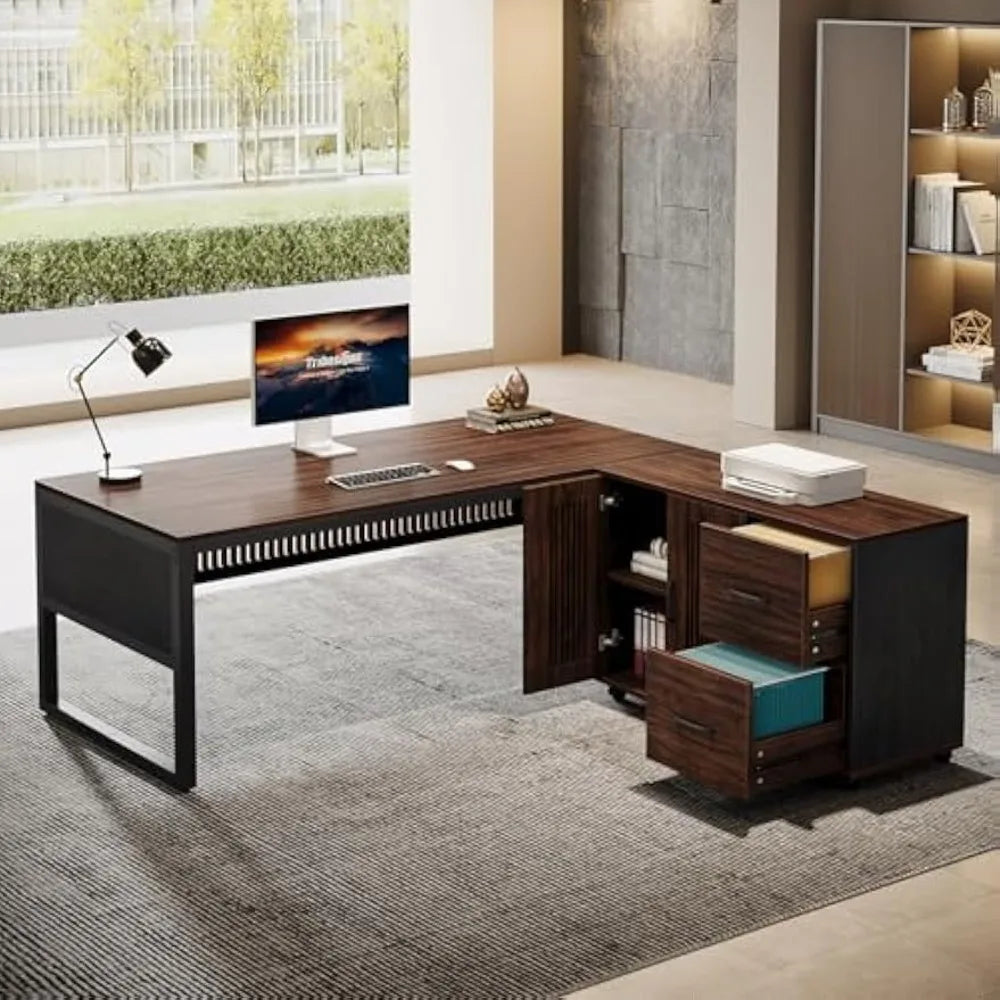 Large L-Shaped Executive Office Desk with Mobile File Cabinet and Drawers