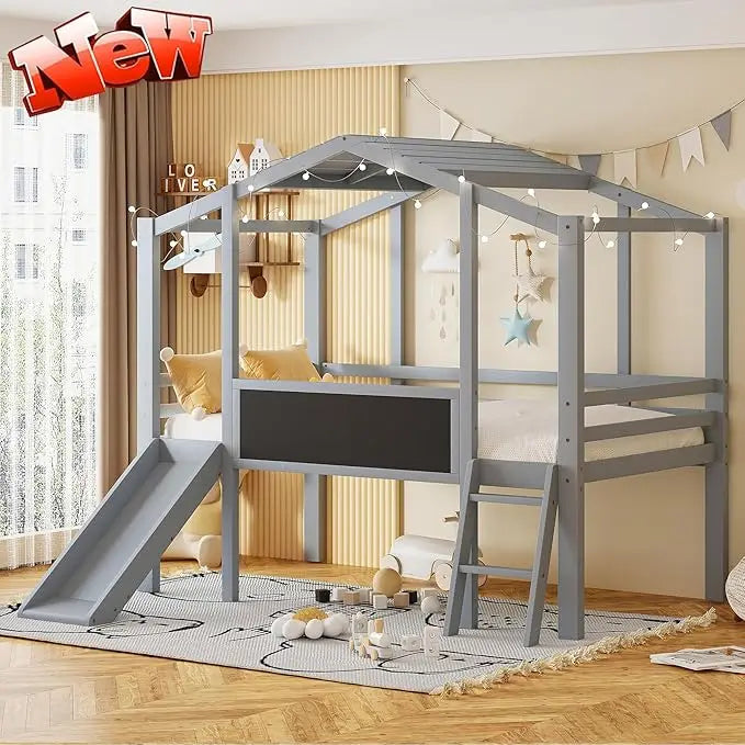 Harper & Bright Designs Kids House Loft Bed with Slide, Twin Size Low Loft Bed with LED Lights & Blackboard, Wood Playhouse Loft