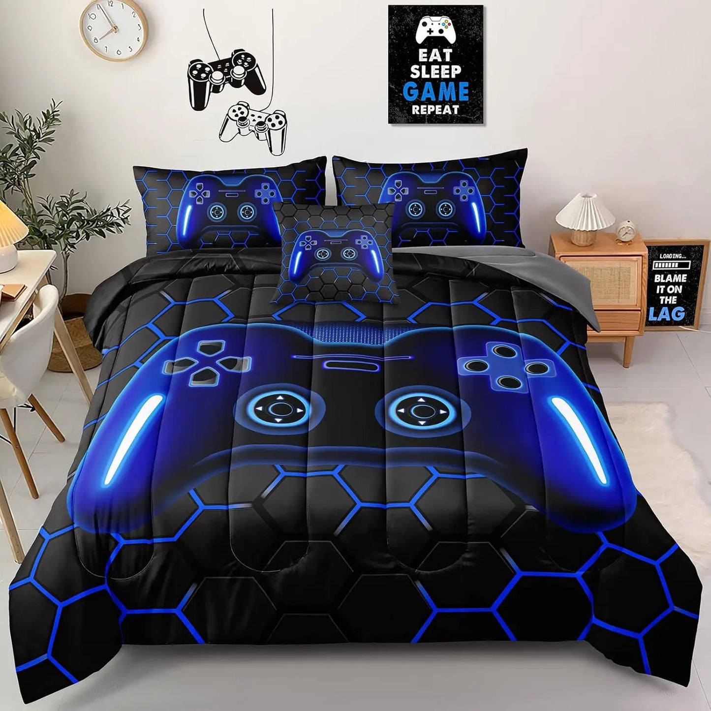 6 Pieces Gaming Bedding Set Queen Size for Boys Gamer Comforter Set for Boys Girls Kids Teens 6 Piece Bed in A Bag Video Game Be