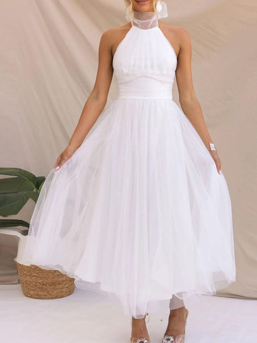 Women’s Backless Long Dress Adjustable Tie Halter Neck Tulle High Waist Solid Party Wedding Dress