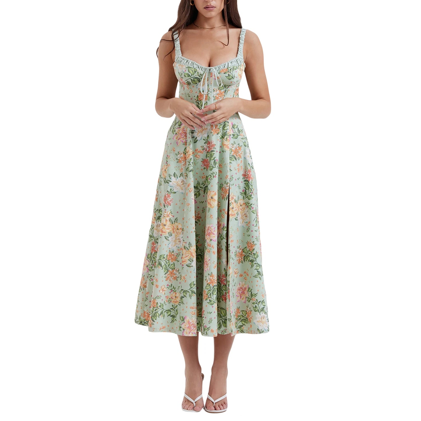 Women Summer Casual Midi Dress Floral Print Low-Cut Sleeveless Sling Sweet Dress Fashion Backless Temperament Dress