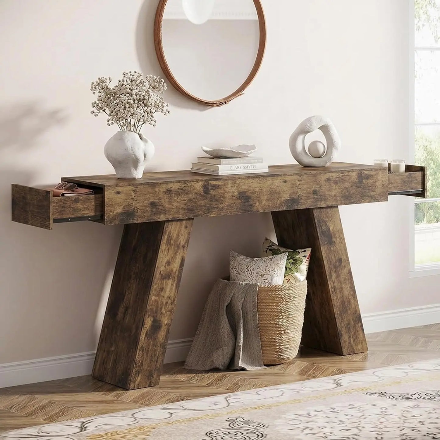63-Inch Long Console Table with Storage Drawers, Wood Grain Sofa Table Behind Couch, for Entryway, Entrance,, Customized