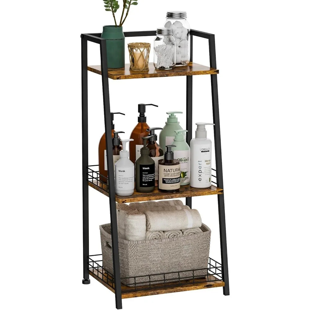 3-Tier Bathroom Shelf with Fence, Retro Bathroom Organizers and Storage Stand, Wood Shelving Unit with Metal Frames, Classic Ope