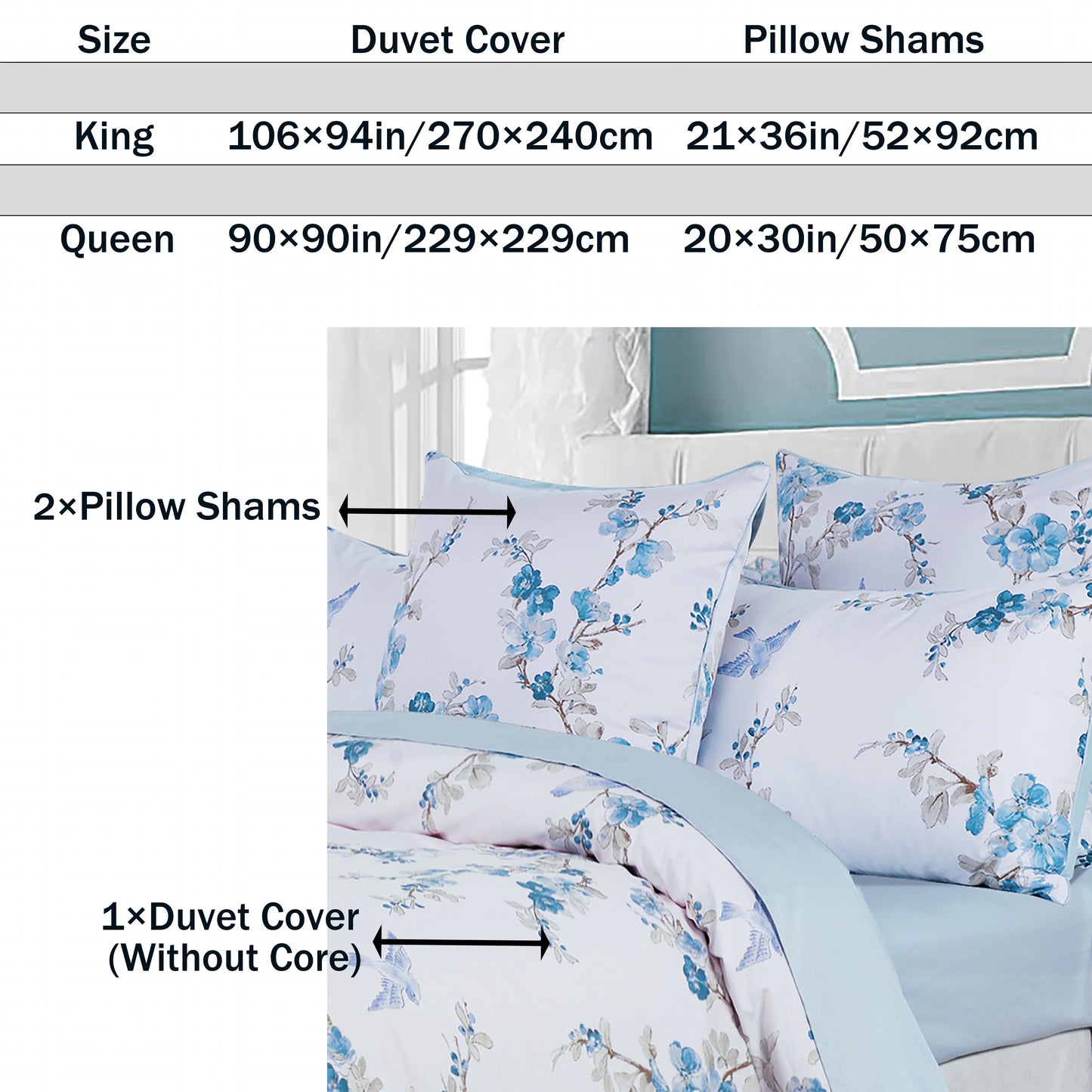 3pcs 600TC 100% Egyptian Cotton Duvet Cover Set, Blue Watercolor Floral, Soft Breathable Skin-Friendly (No Inserts)