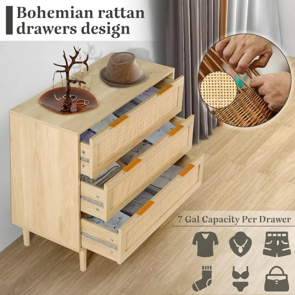 Large 3-Drawer Rattan Nightstand—Modern Wood Bedside Table for Queen & King Bedrooms