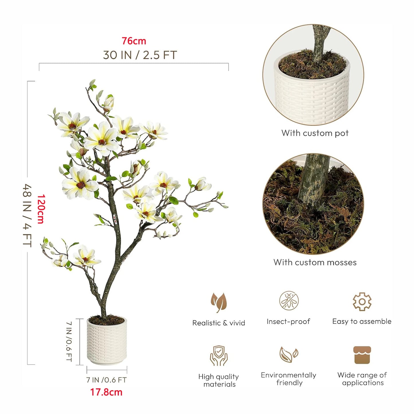 Artificial Magnolia Plant Faux Flower Trees Fake Plants with LED Light for Yard Patio Home Office Arrangement Decor