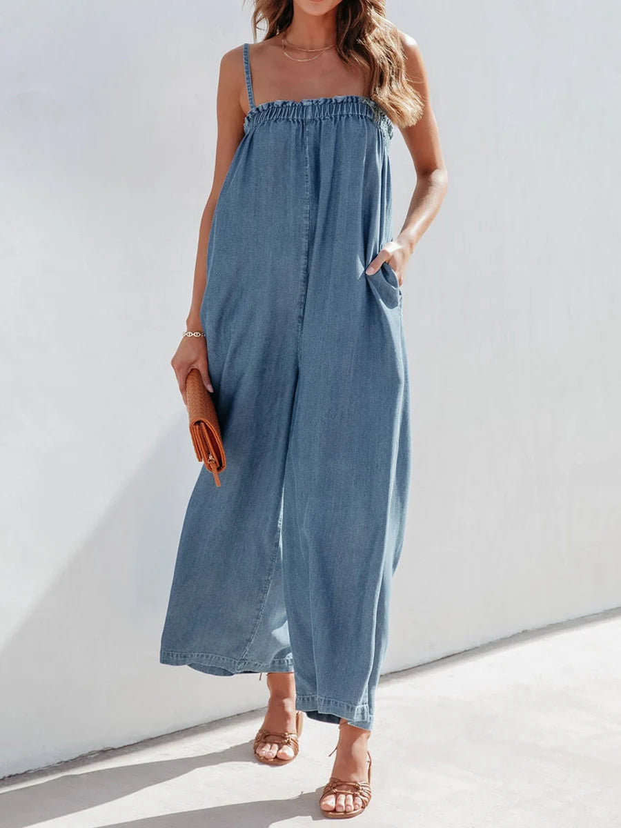 Women’s Denim Long Jumpsuit Casual Spaghetti Strap Solid Color Wide Leg Romper Pants