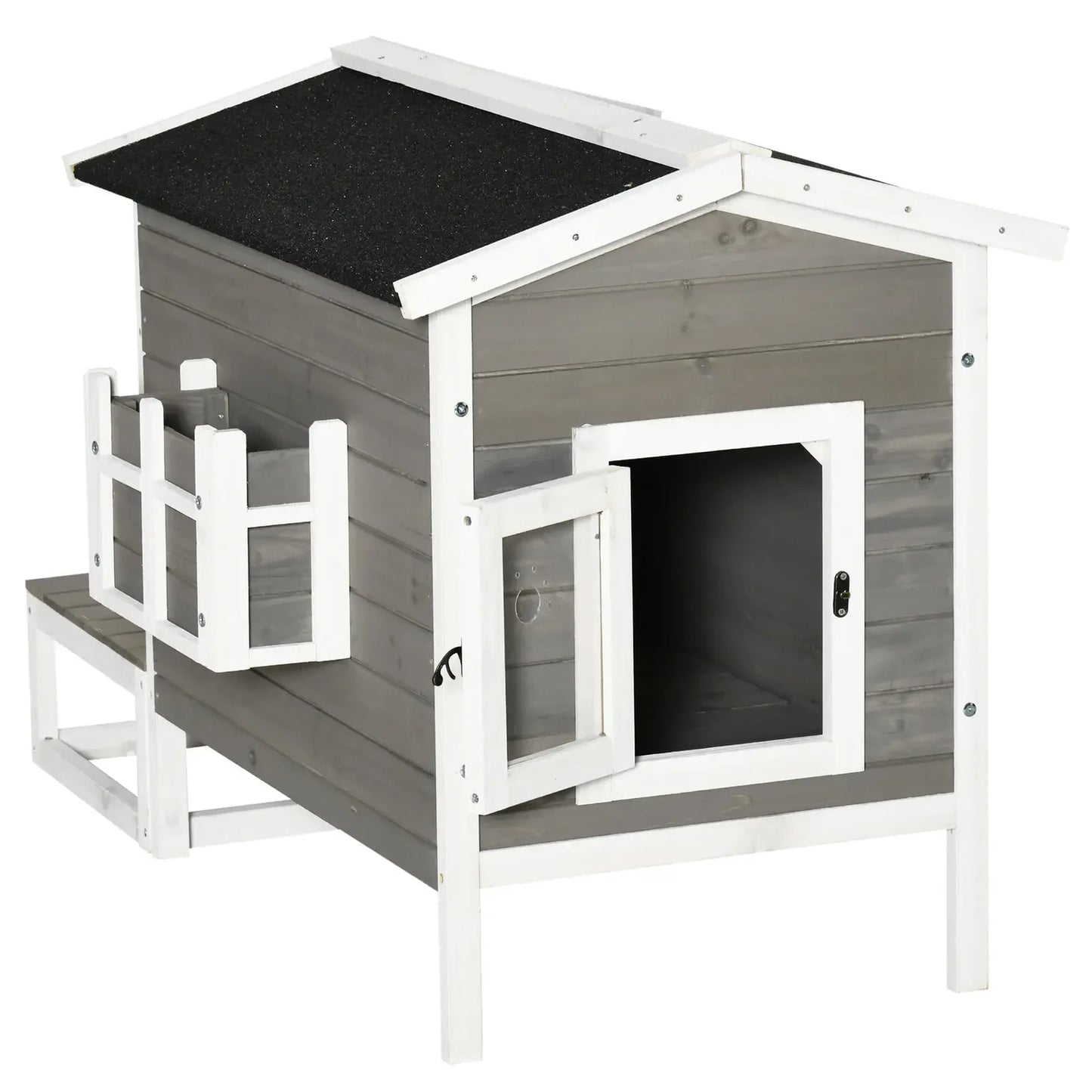 Wood Luxury Raised Outdoor Indoor Dog Cage Cat House with Balcony Grey