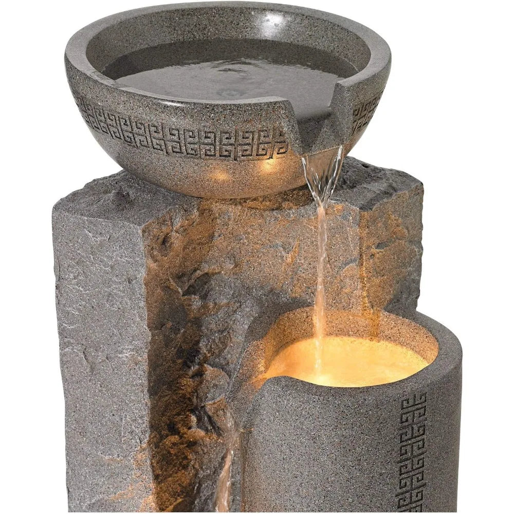 Bowl and Pillar Zen Modern Outdoor Floor Water Fountain 34 1/2" High with LED Light Cascading for Garden Patio Backyard Deck Hom
