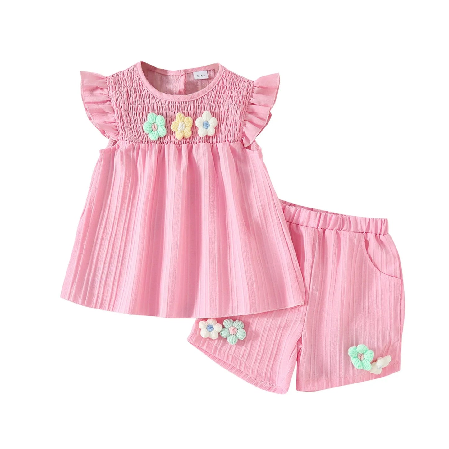Girls' Summer Fashion Set Children's Flower Print Flying Sleeve Top+Shorts Two Piece Cute Little Girl Refreshing Set