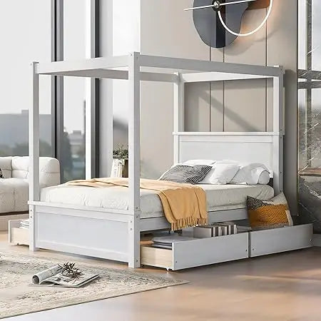 Full Canopy Bed with 4 Drawers, Four-Poster Platform Bed with Headboard and Wood Support Slats, Full Bed Frame Wood Poster Panel