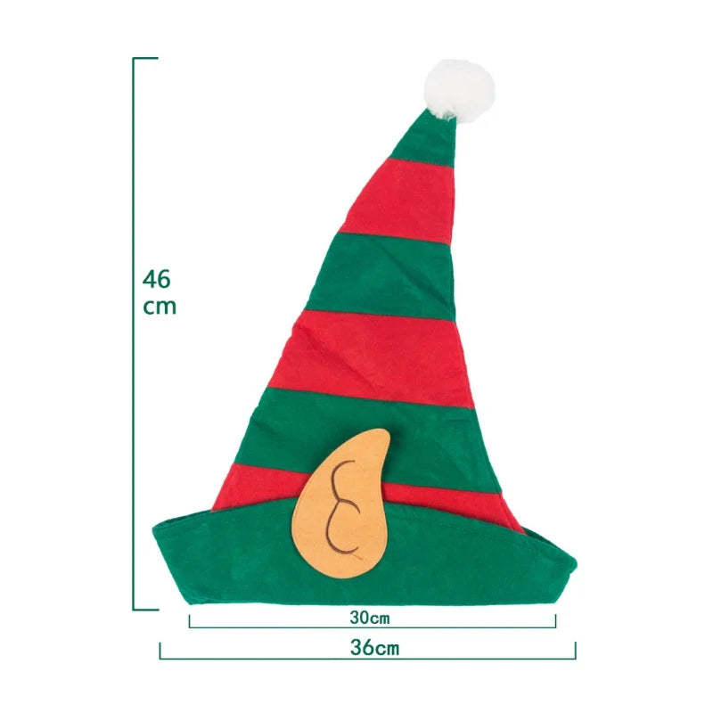 Red Green Striped Hat With White Pom Elf Ears Adults Soft Non-Woven Christmas Elf Hat For Most People Navidad Xmas Ornaments