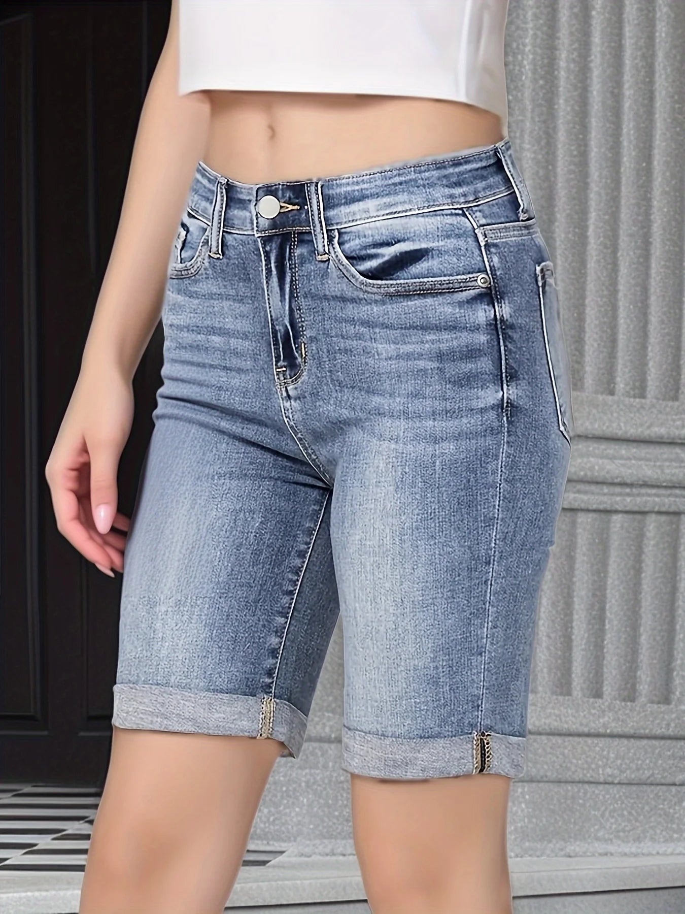 Summer New Women's Mid-Waist Denim Shorts Elastic Straight Slim Jeans Curled Design Shorts