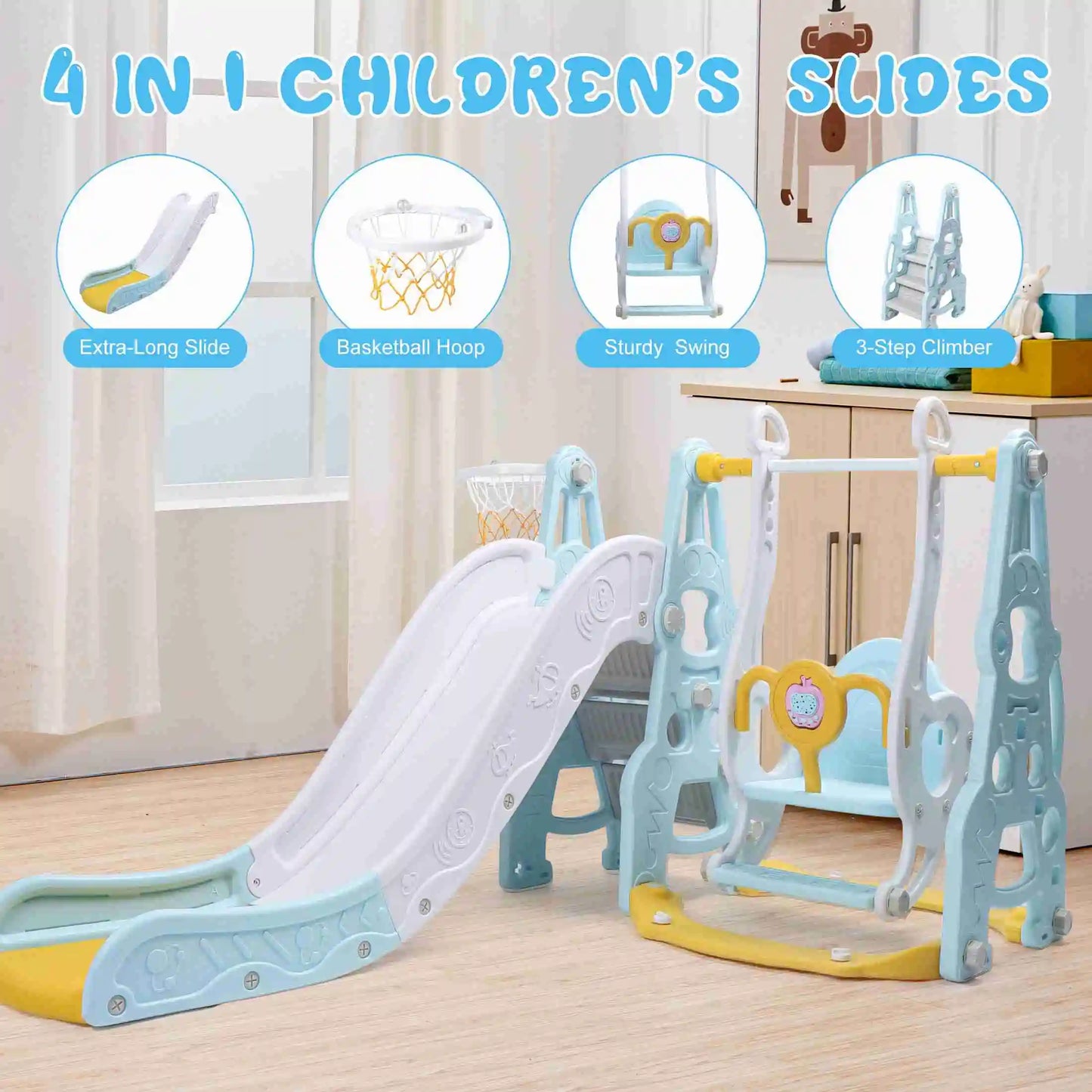 4 In 1 Toddler Playground Set Swing Slide Climber Basketball Hoop Backyard Indoor Playset for Boys and Girls Blue