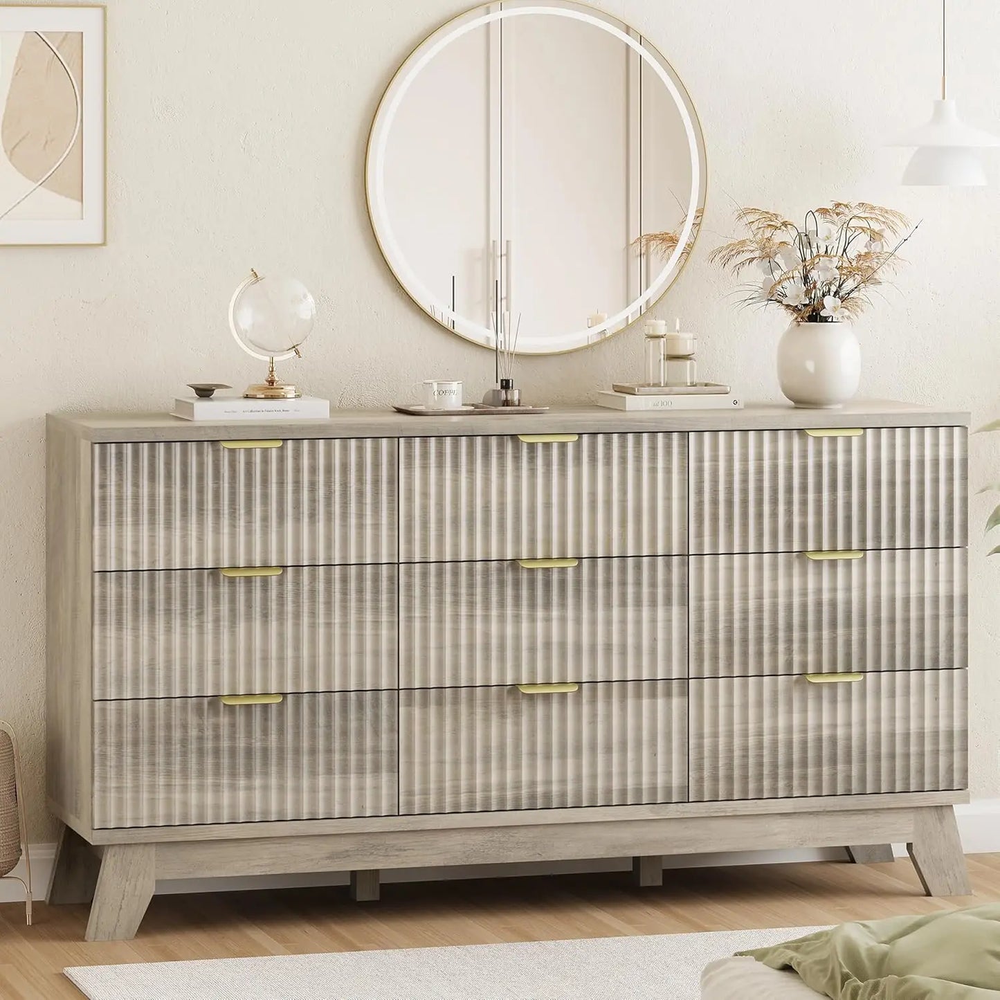 Fluted Dresser for Bedroom with 9 Drawers, 57" Wide Chest of Drawers with Metal Handle, Modern Wood Dresser TV Stand