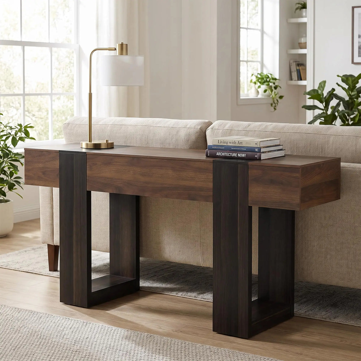 Two Tone Wood Grain Console Sofa Table for Entryway Hallway Living Room