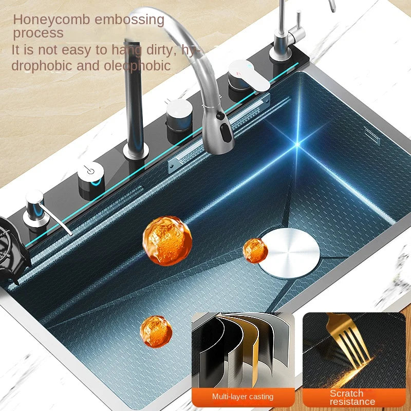 Easy Clean Digital Display Extra Large Single Bowl Hot Sale Stainless Steel Waterfall Kitchen Sink Home Vegetable Washing Sink