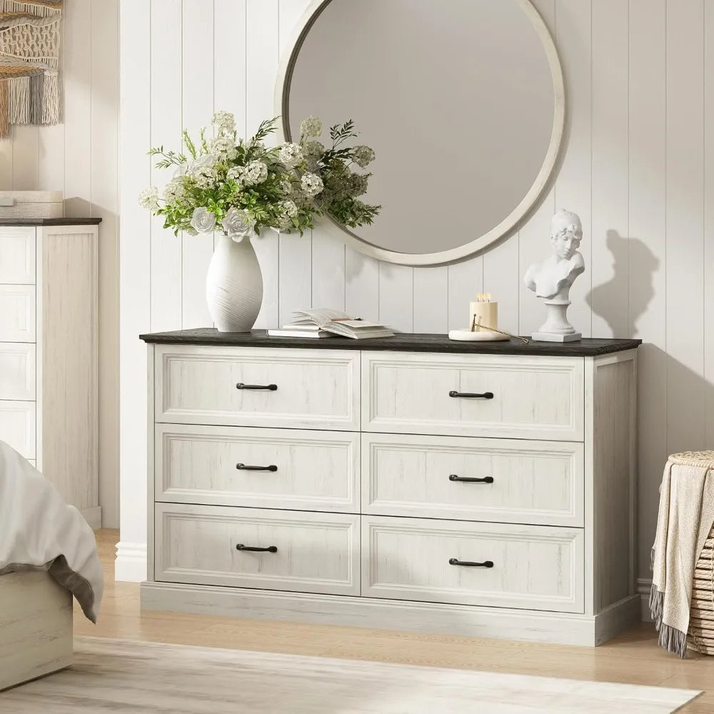 Farmhouse Dresser and Nightstand Sets for Bedroom, 3 Pcs Bedroom Set, 6 Drawer Dresser & Nightstand Set of 2, Modern Wood Chest