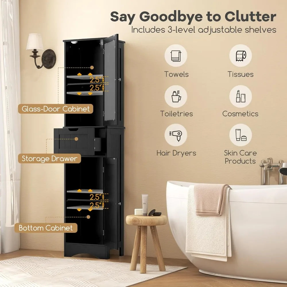 all Bathroom Storage Cabinet, Slim Freestanding Tower w/ 2 Doors & 1 Drawer, Narrow Floor Cabinet w/Adjustable