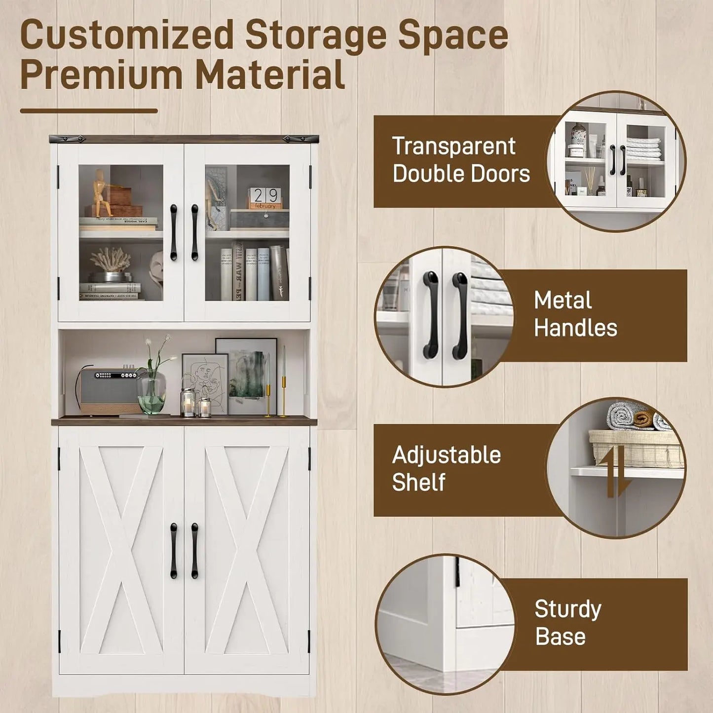 Vabches Storage Cabinet with Doors&Adjustable Shelves Farmhouse Kitchen Pantry Wooden Storage Cabinet for Living Room Bathroom