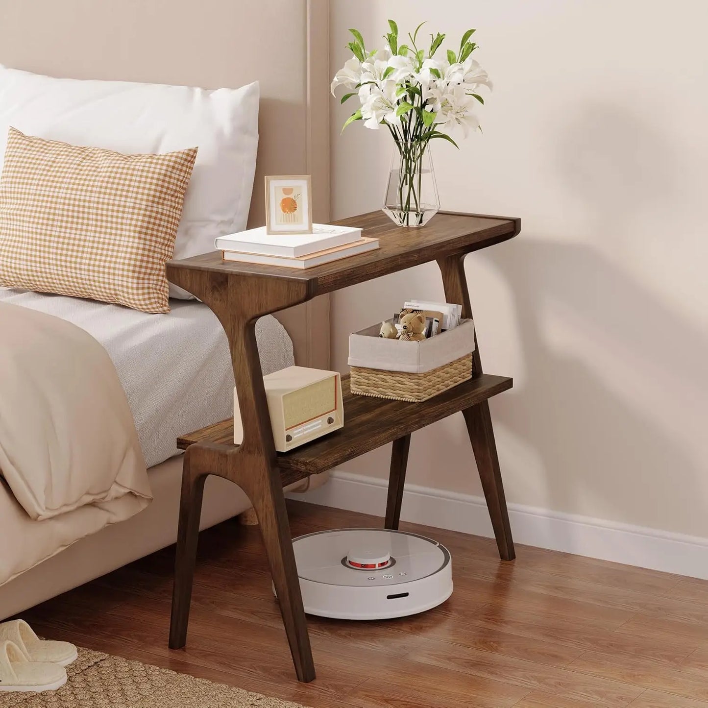 Solid Wood End Table,2-Tier Side Table with Storage Shelf, Wooden Modern Accent Slim Bedside Table for Sofa,Living Room, Bedroom