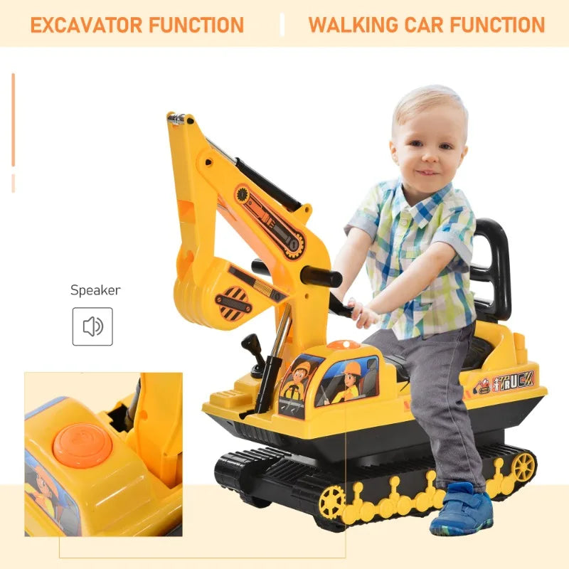 Sit-On Excavator Puller, Children's Excavator Truck with Horn and Underseat Storage, Suitable for Children 18 Months+