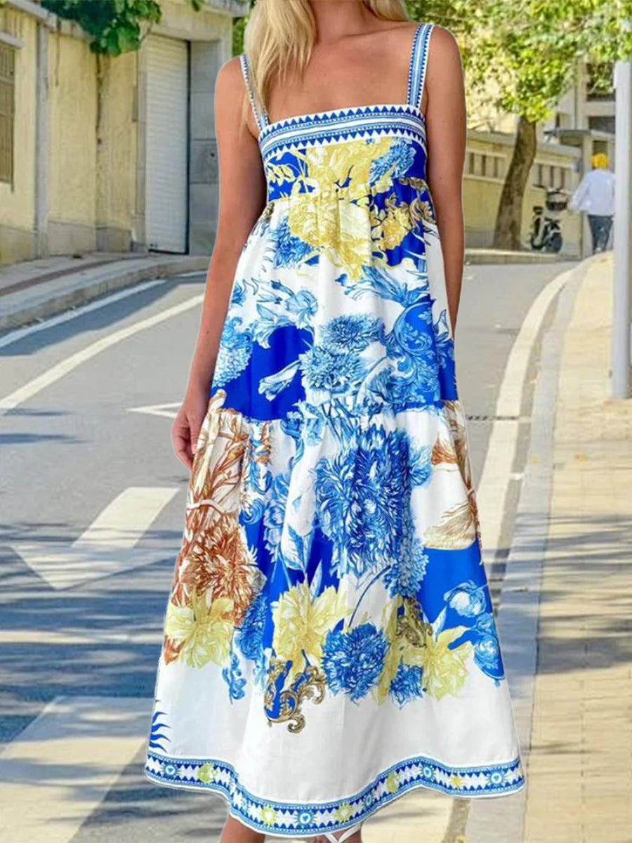 Women s Boho Maxi Dress Floral Print Sleeveless V-Neck Backless Tie-Dye Beach Dress Summer Casual Long Dress Fashion