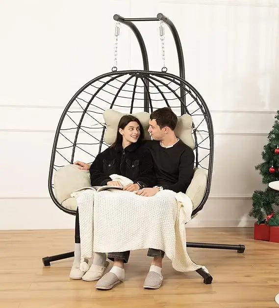 Double Egg Chair wth Stand Hammock Swing Chair Foldable Hanging Loveseat, UV Resistant Removable Cushions, 700LBS Capacity for B