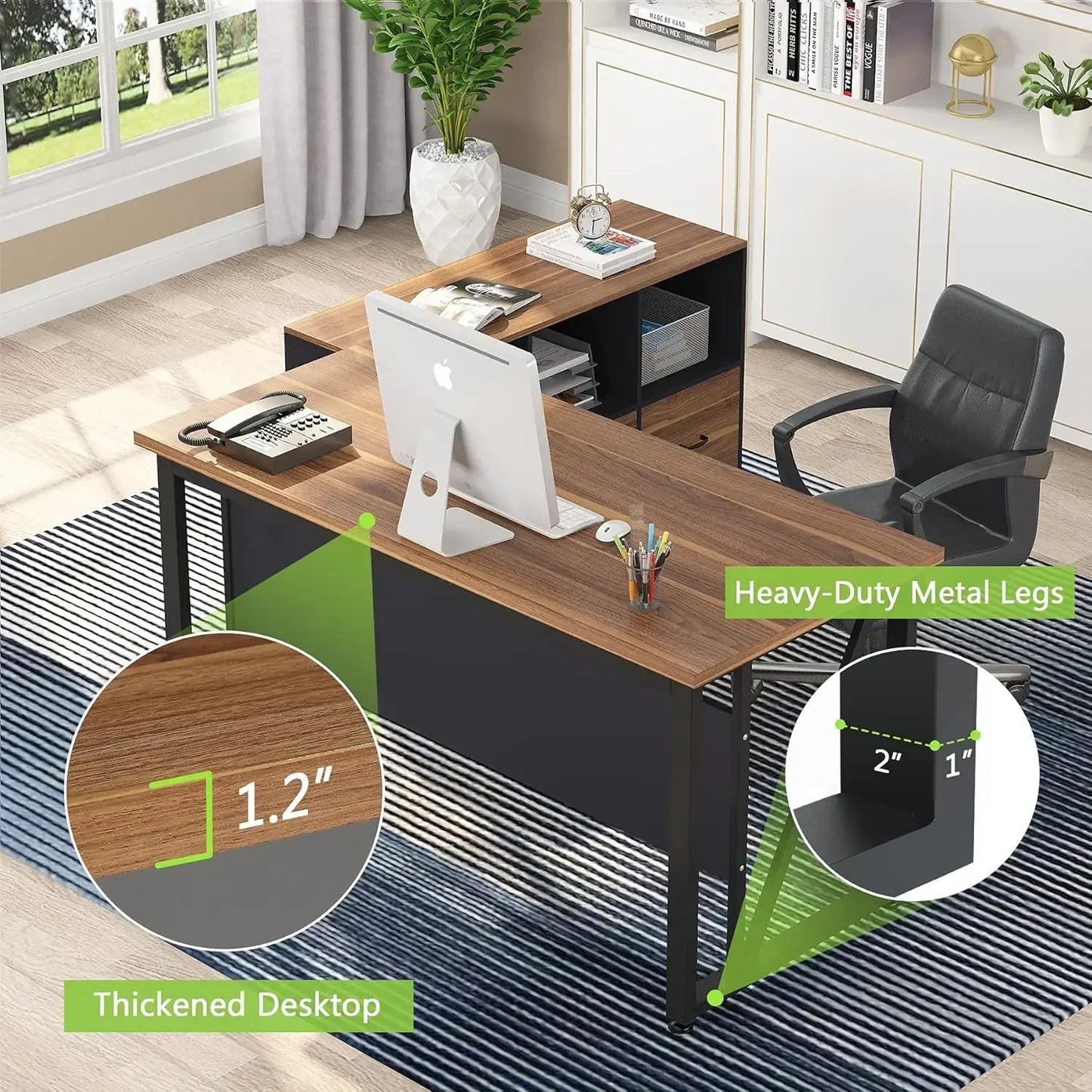55 inches Executive Desk and 43" lateral File Cabinet, L-Shaped Computer Desk with Drawers Storage Shelves Office Table(Walnut)