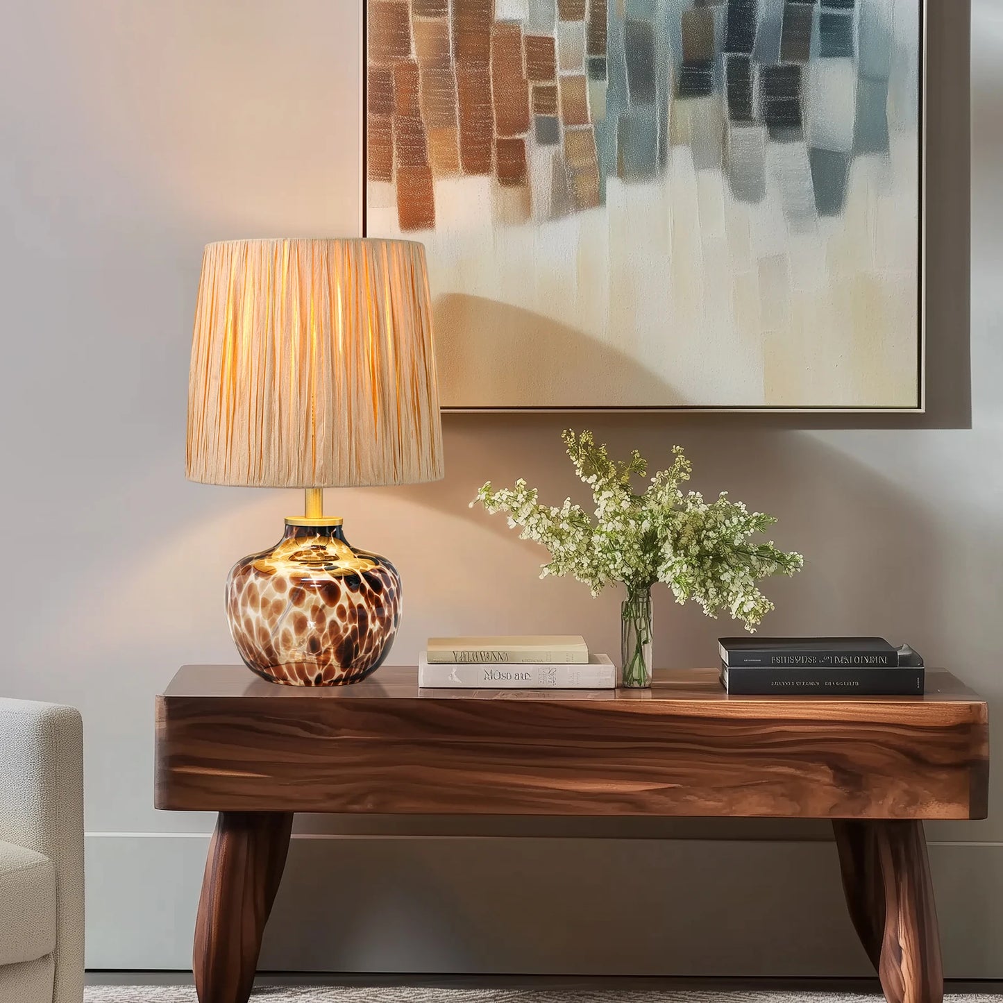 15" Hand-Blown Glass Table Lamp, Natural Raffia Shade, Mesmerizing Leopard-Print Base, Small Accent Lamp