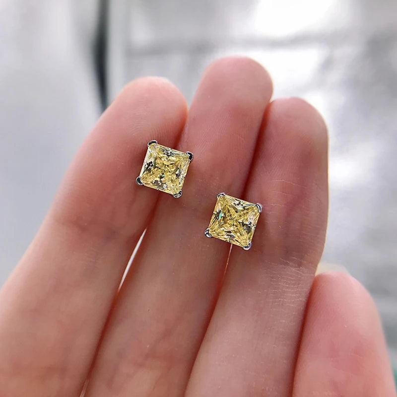 925 Sterling Silver Ladies Classic Four-Prong Ear Stud Princess Cut Fashion Simple Zircon Earrings for Women Fine Jewelry Gift