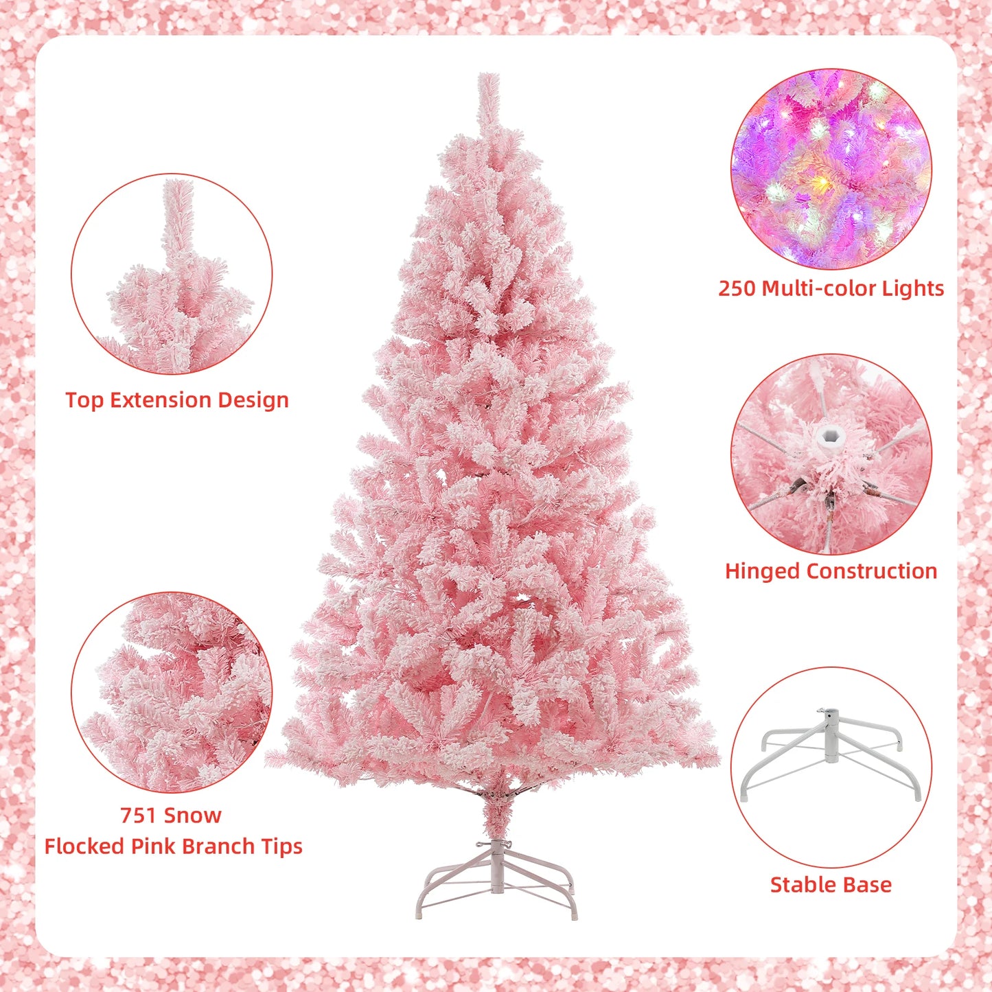 6Ft Pre-lit Pink Artificial Christmas Tree, Snow Flocked Faux Xmas Pine Tree with 250 Multi Color LED Lights, 751 Branch Tips