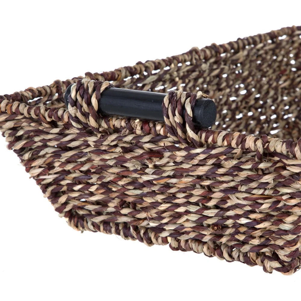2 Pack Rectangular Woven Seagrass Storage Basket with Wooden Handles Organizing Home Décor Bathroom Supplies Craft Items