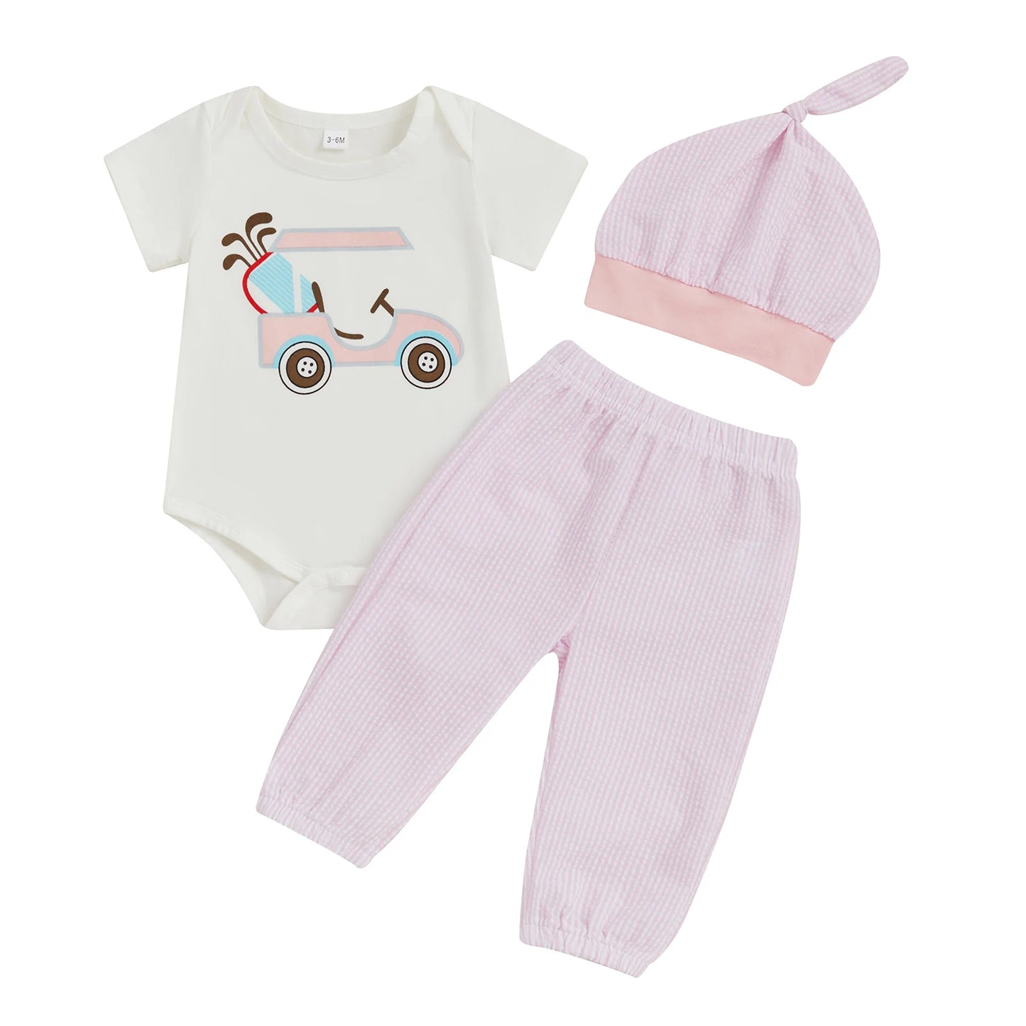 Infant Baby Boys Girls Summer Outfits Golf Cart Print Short Sleeve Romper with Stripe Pants and Hat 3 Pcs Set